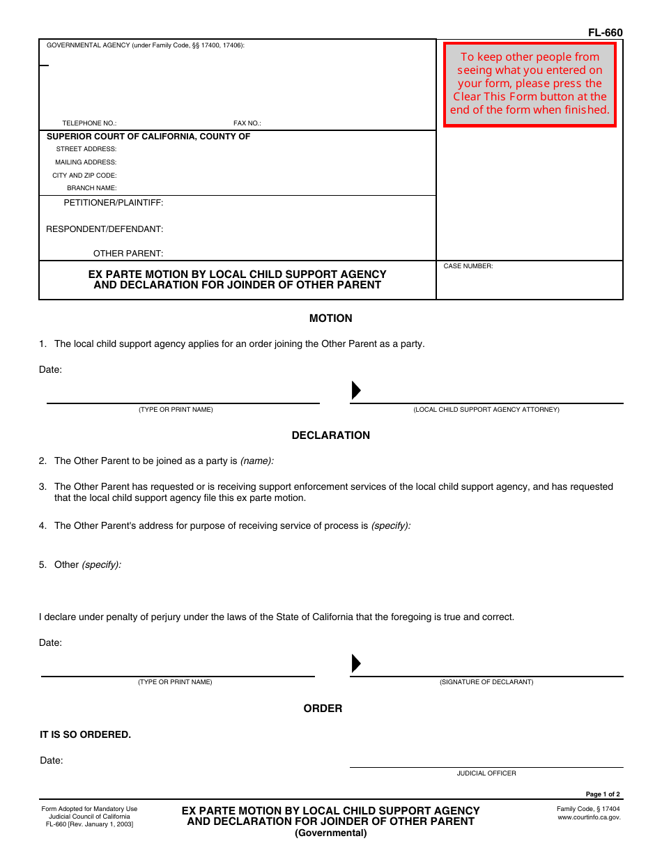 Form FL-660 Ex Parte Motion by Local Child Support Agency and Declaration for Joinder of Other Parent - California, Page 1