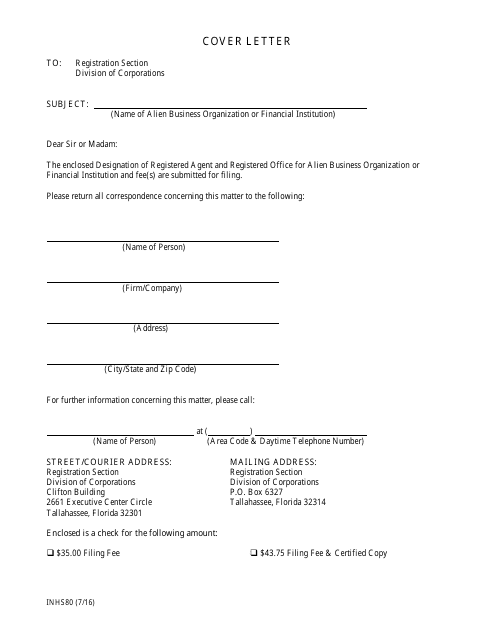 Form INHS80 Designation of Registered Agent and Registered Office for Alien Business Organization or Financial Institution - Florida