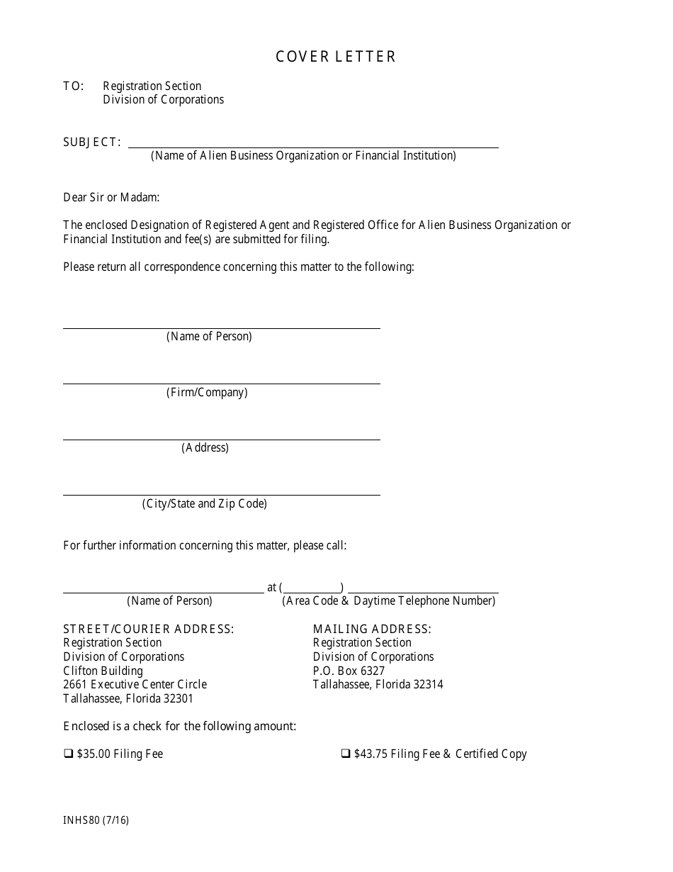 Form INHS80 Designation of Registered Agent and Registered Office for Alien Business Organization or Financial Institution - Florida, Page 1