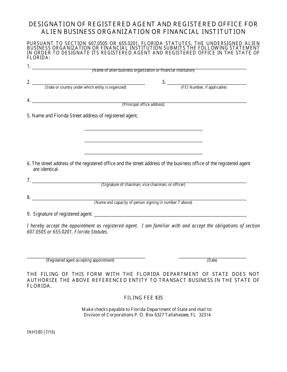Form INHS80 Designation of Registered Agent and Registered Office for Alien Business Organization or Financial Institution - Florida, Page 2