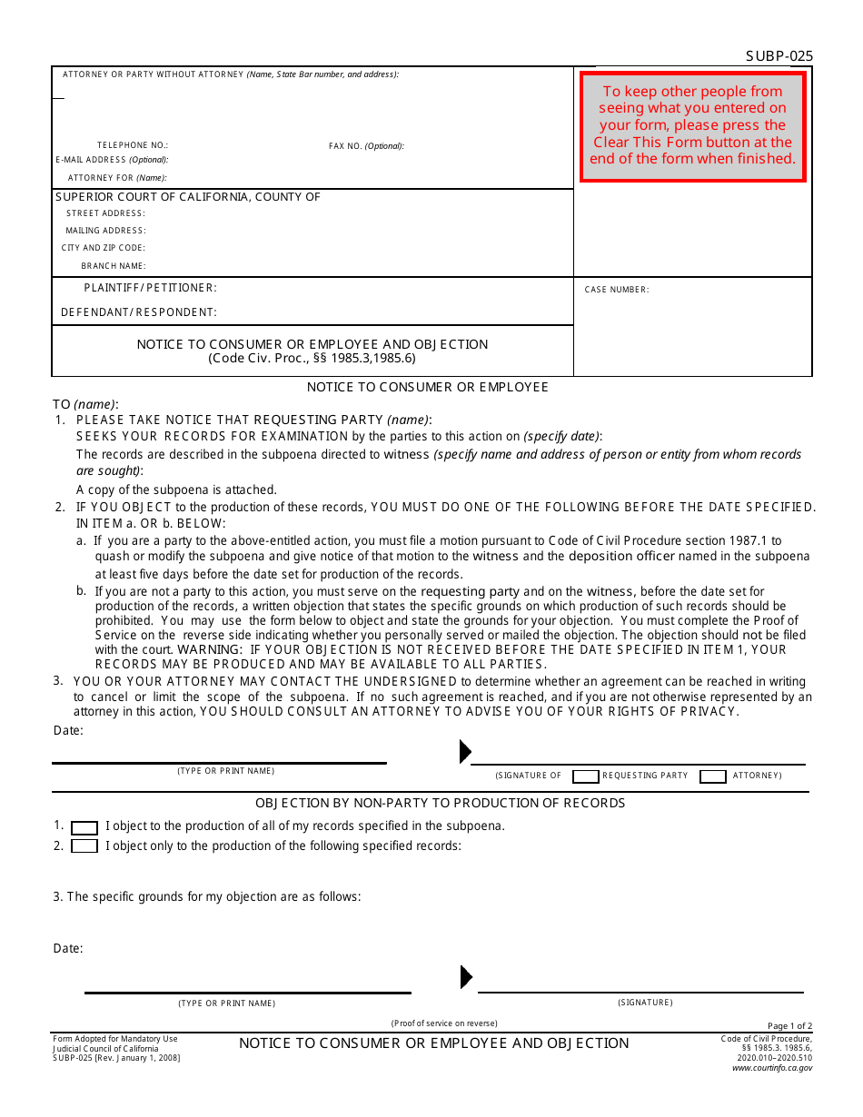 Form SUBP-025 Notice to Consumer or Employee and Objection - California, Page 1