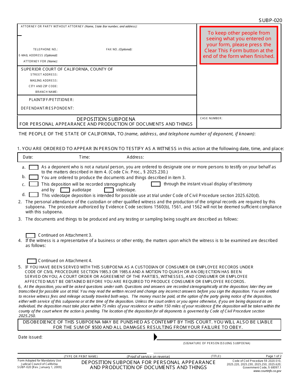 Form SUBP-020 Deposition Subpoena for Personal Appearance and Production of Documents and Things - California, Page 1