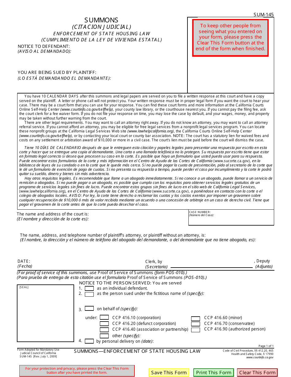 Form SUM-145 Summons (Citacion Judicial) - Enforcement of State Housing Law - California (English / Spanish), Page 1