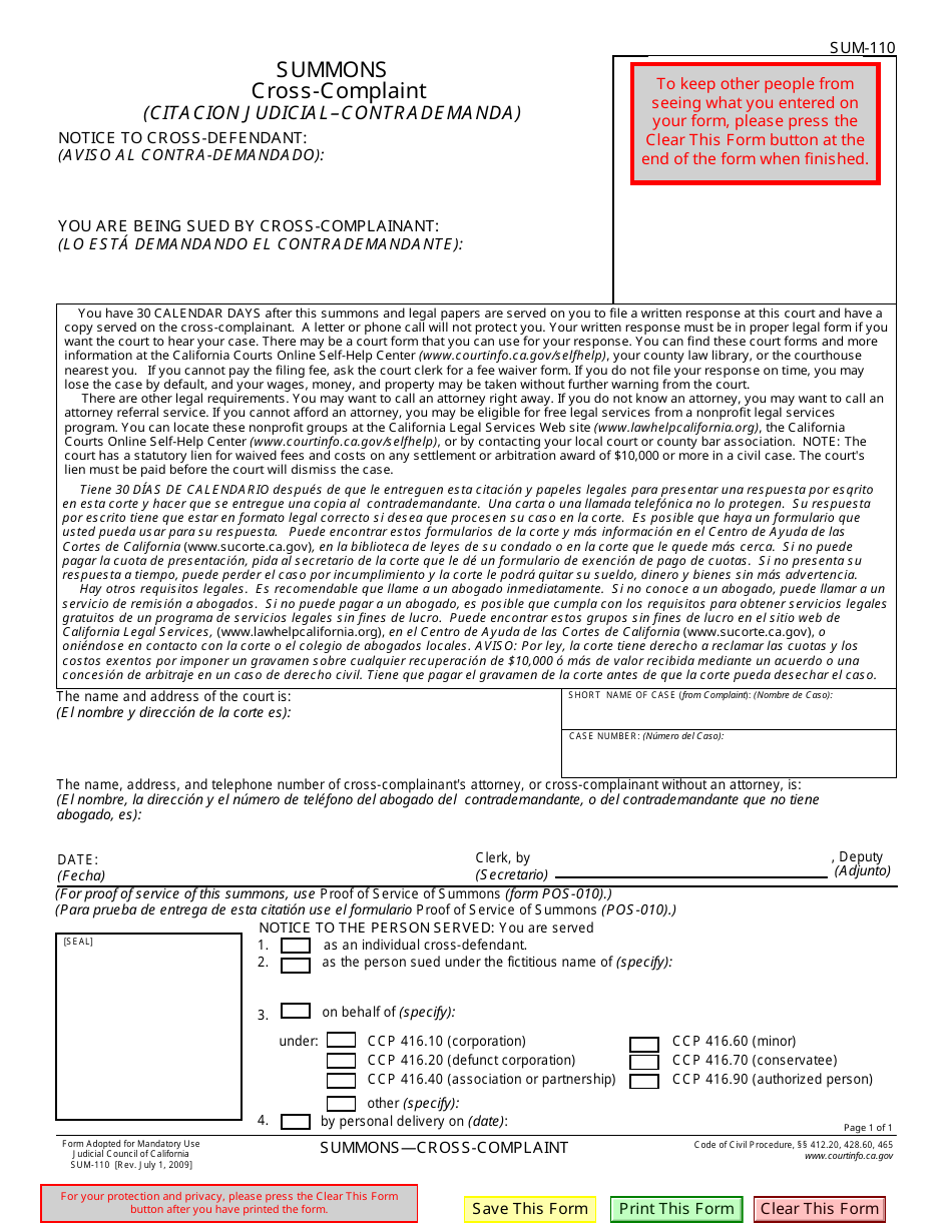 Form SUM-110 Summons - Cross-complaint (Citacion Judicial - Contradamanda) - California (English / Spanish), Page 1