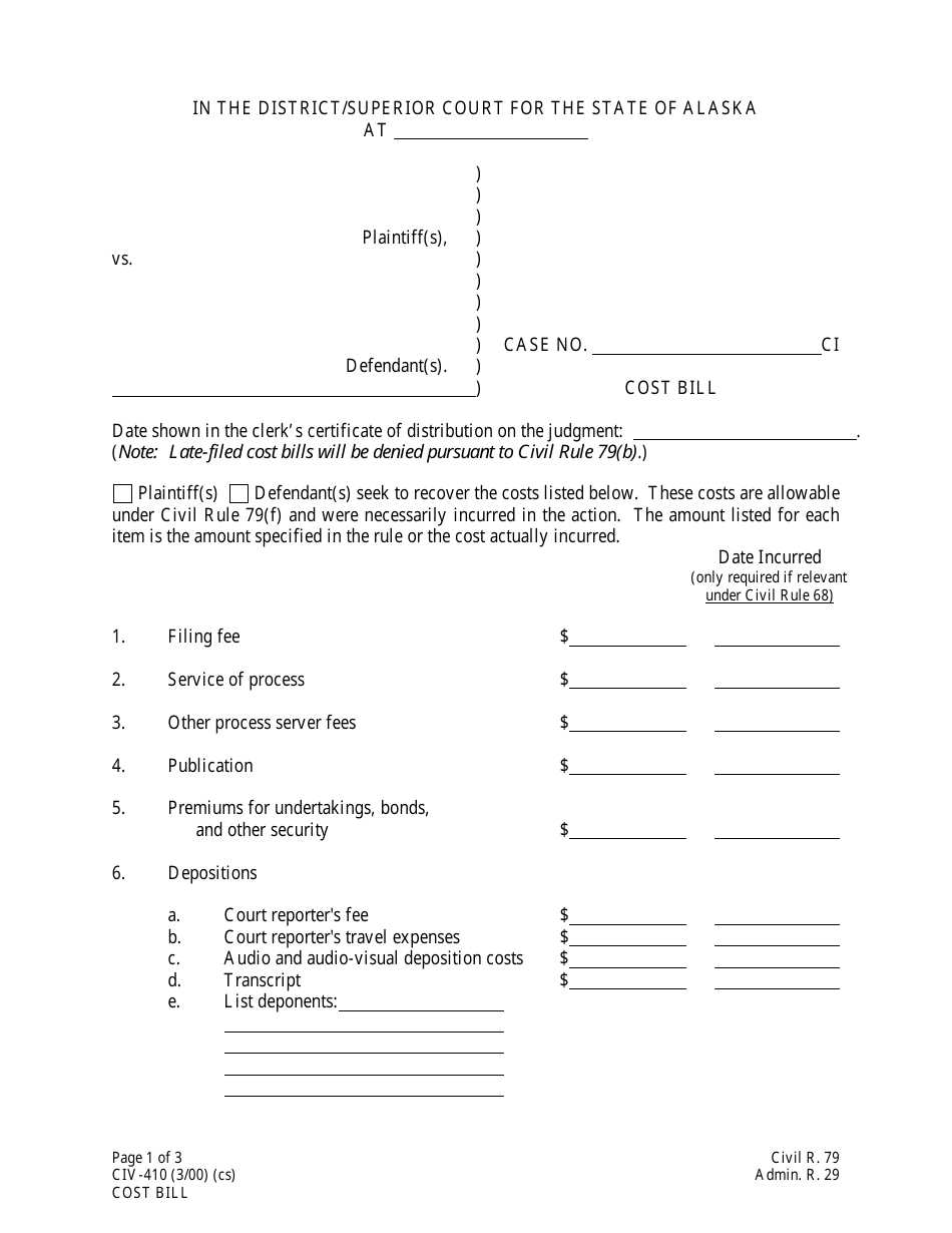 Form CIV-410 Cost Bill - Alaska, Page 1