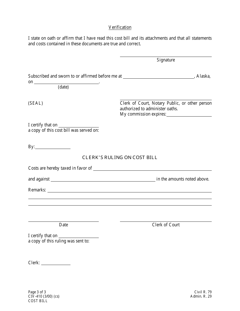 Form CIV-410 Cost Bill - Alaska, Page 3