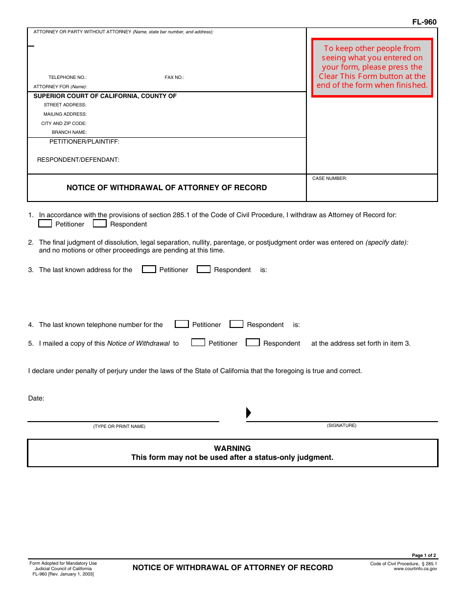 Form FL-960 Notice of Withdrawal of Attorney of Record - California, Page 1