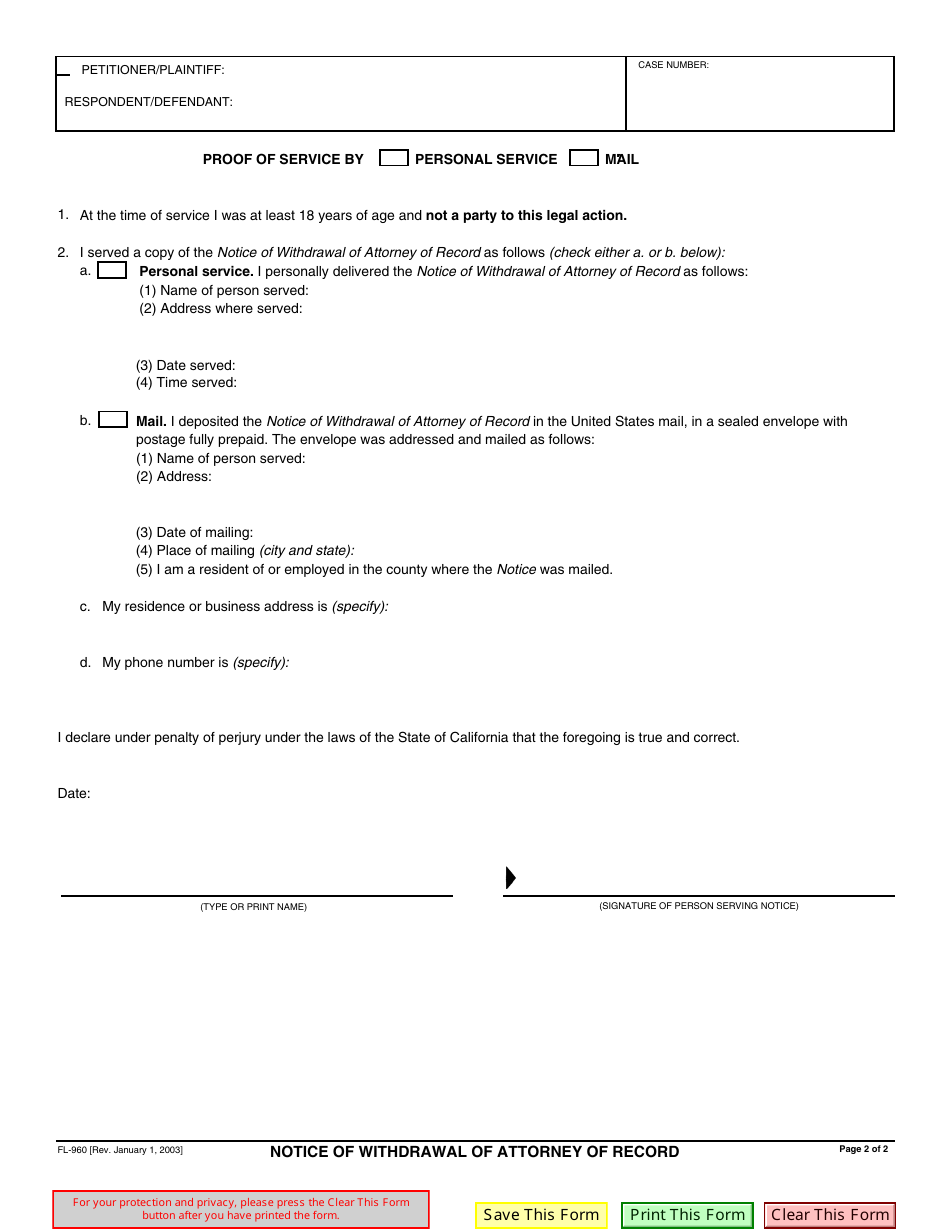 Form FL-960 Notice of Withdrawal of Attorney of Record - California, Page 2