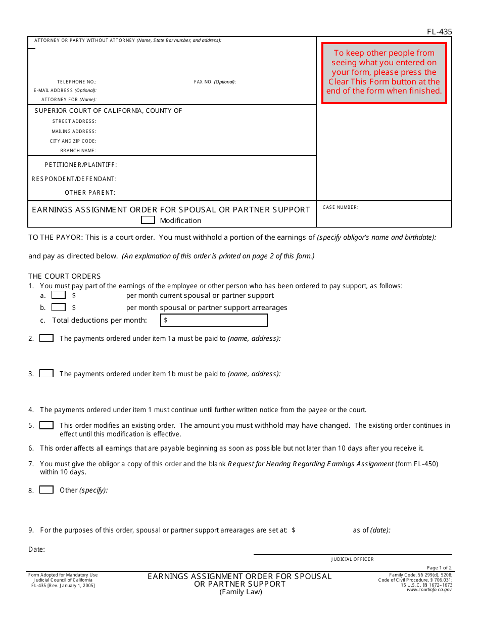 Form FL-435 Earnings Assignment Order for Spousal or Partner Support - California, Page 1