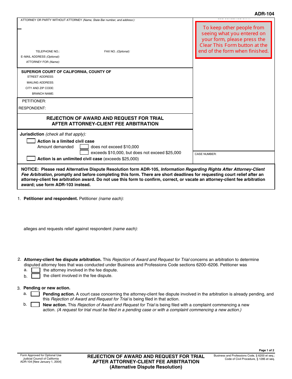 Form ADR-104 - Fill Out, Sign Online and Download Fillable PDF ...