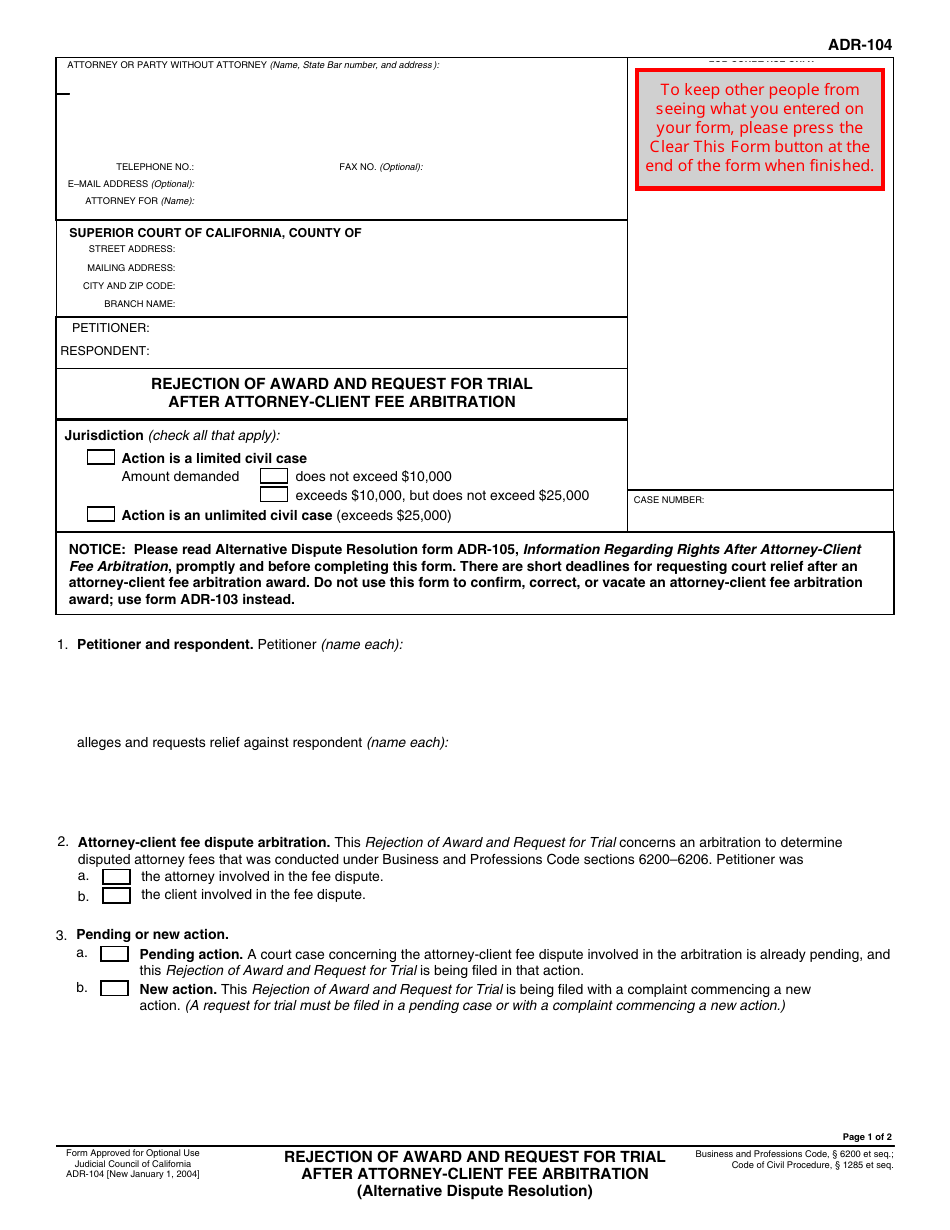 Form ADR-104 Rejection of Award and Request for Trial After Attorney-Client Fee Arbitration - California, Page 1