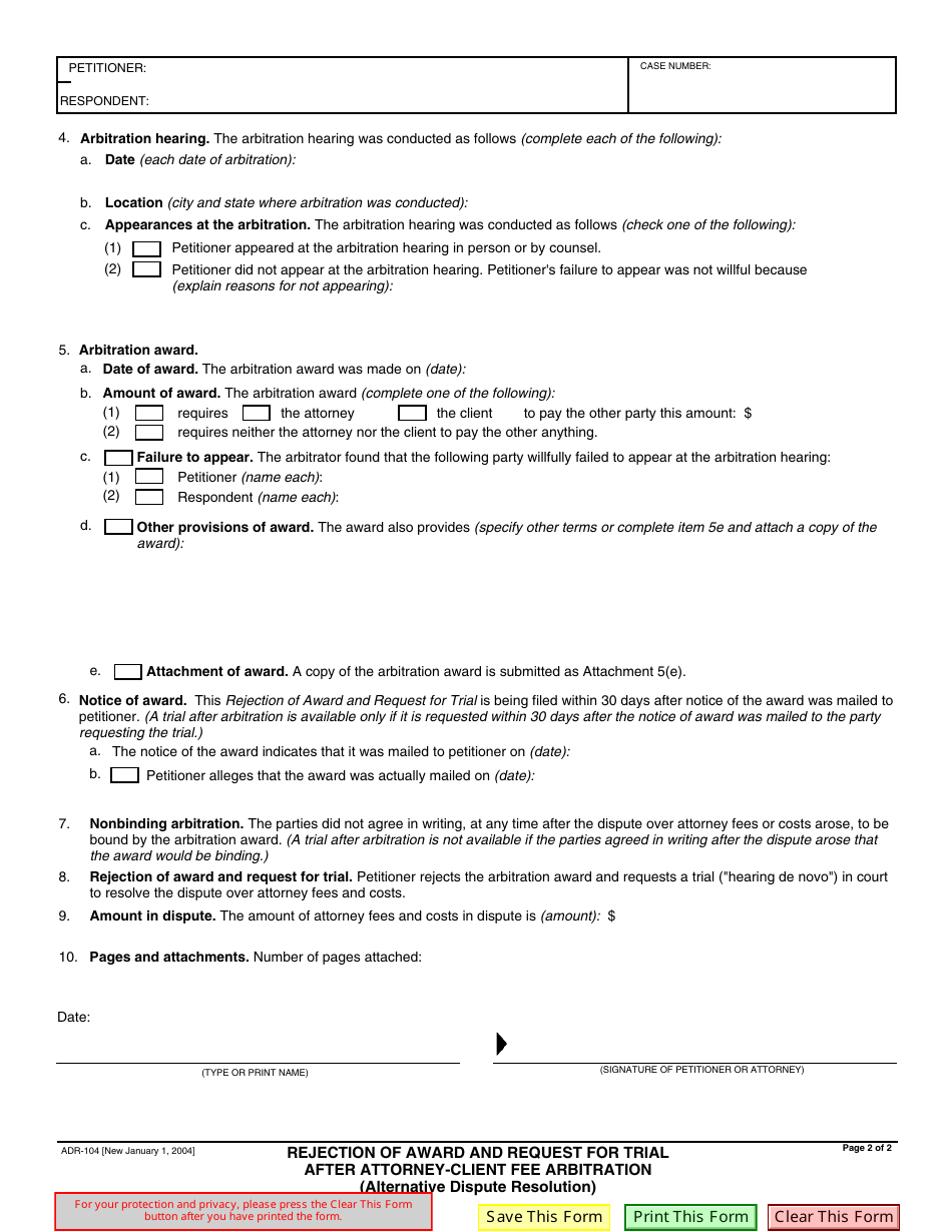 Form ADR-104 Rejection of Award and Request for Trial After Attorney-Client Fee Arbitration - California, Page 2