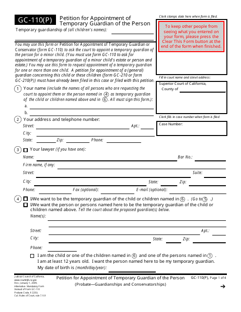Form GC-110(P) Petition for Appointment of Temporary Guardian of the Person - California