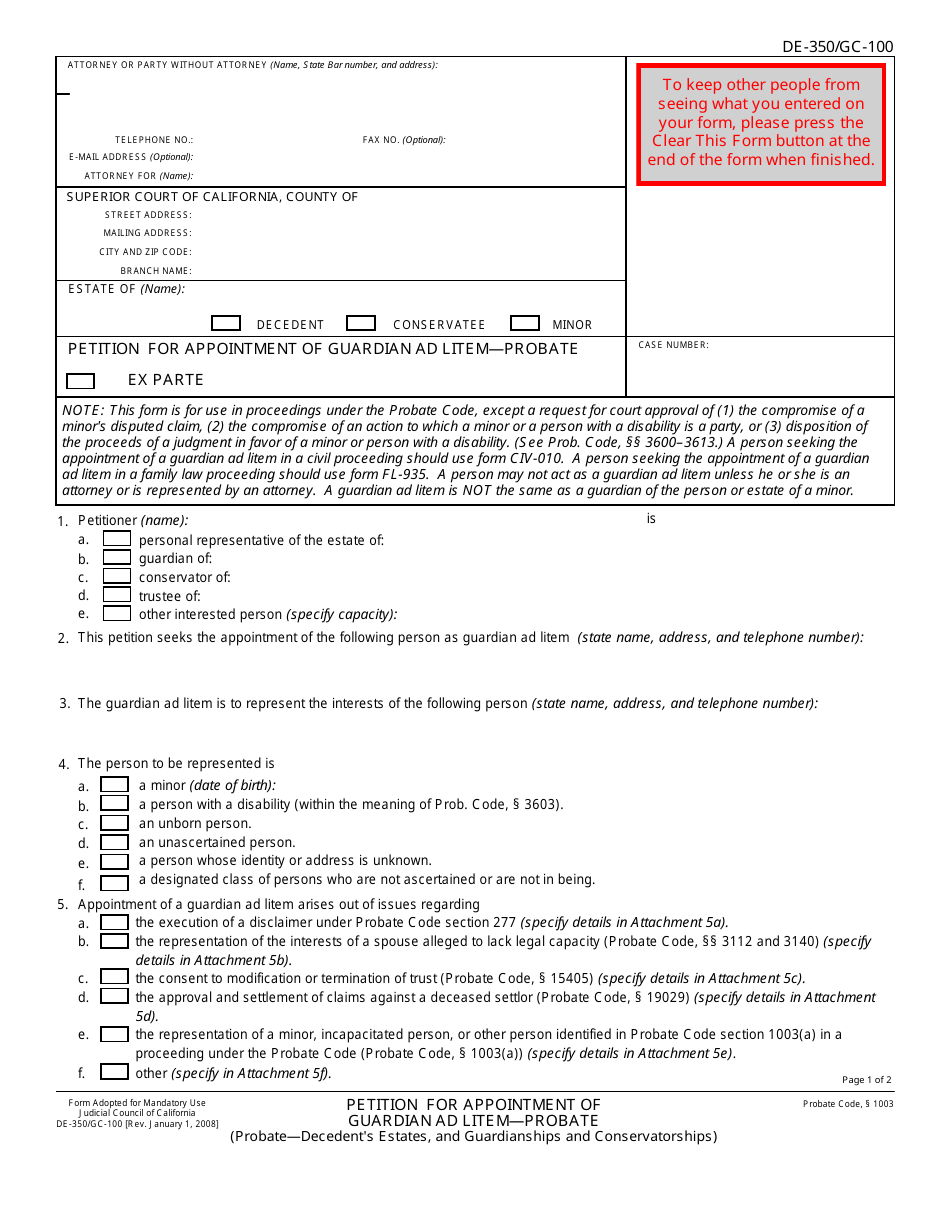 Form DE-350 Petition for Appointment of Guardian Ad Litem  Probate - California, Page 1