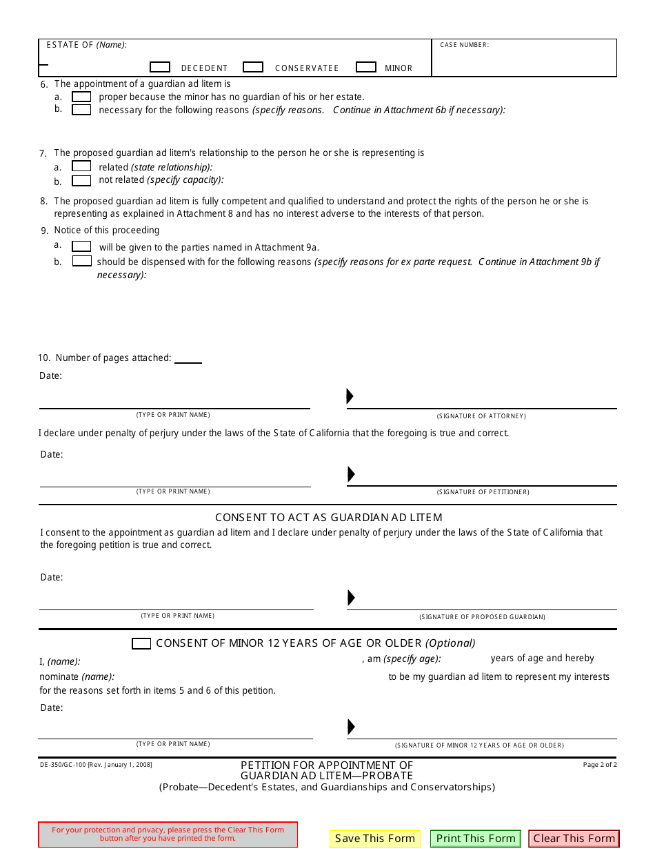 Form DE-350 Petition for Appointment of Guardian Ad Litem  Probate - California, Page 2