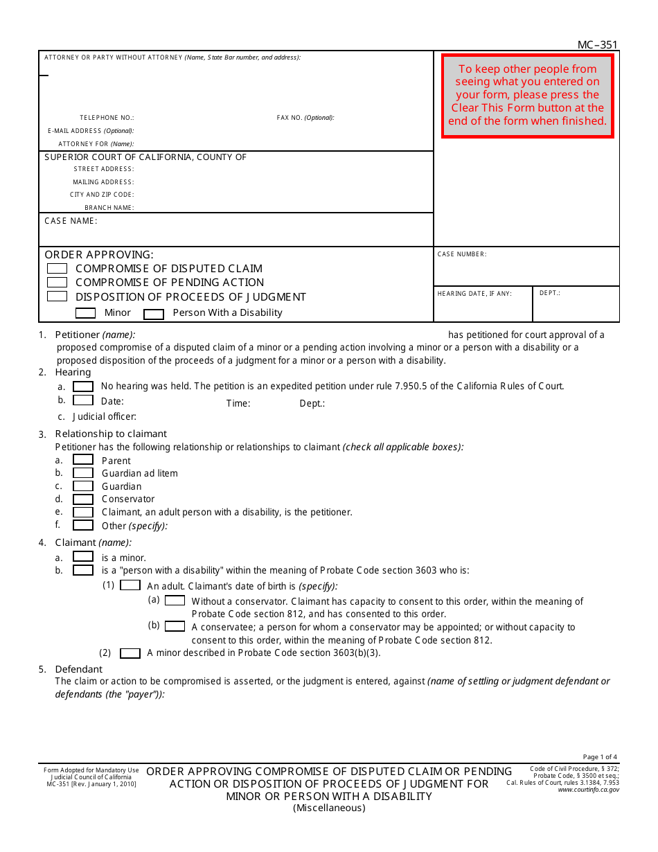Form MC-351 Order Approving Compromise of Disputed Claim or Pending Action or Disposition of Proceeds of Judgment for Minor or Person With a Disability - California, Page 1