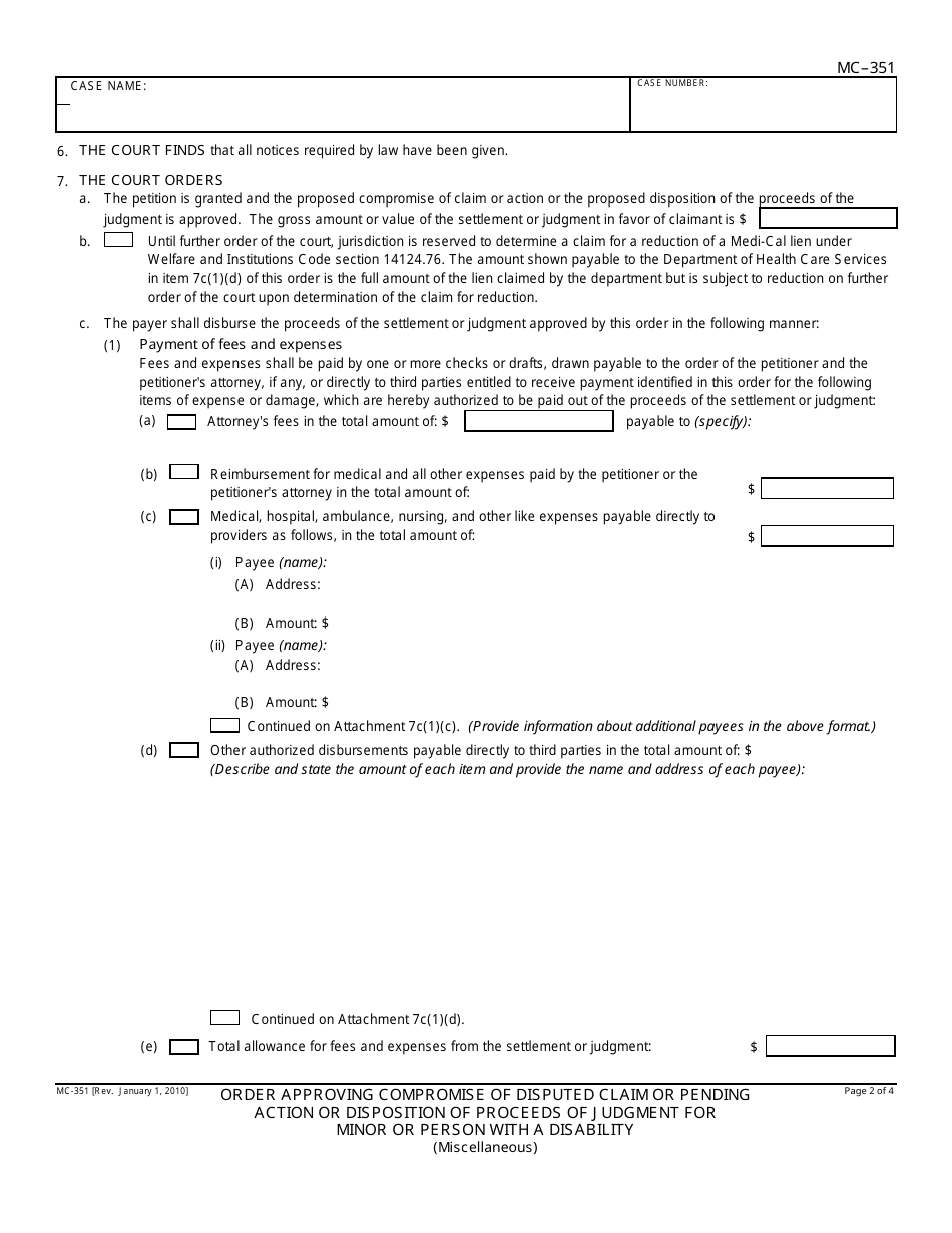 Form MC-351 Order Approving Compromise of Disputed Claim or Pending Action or Disposition of Proceeds of Judgment for Minor or Person With a Disability - California, Page 2