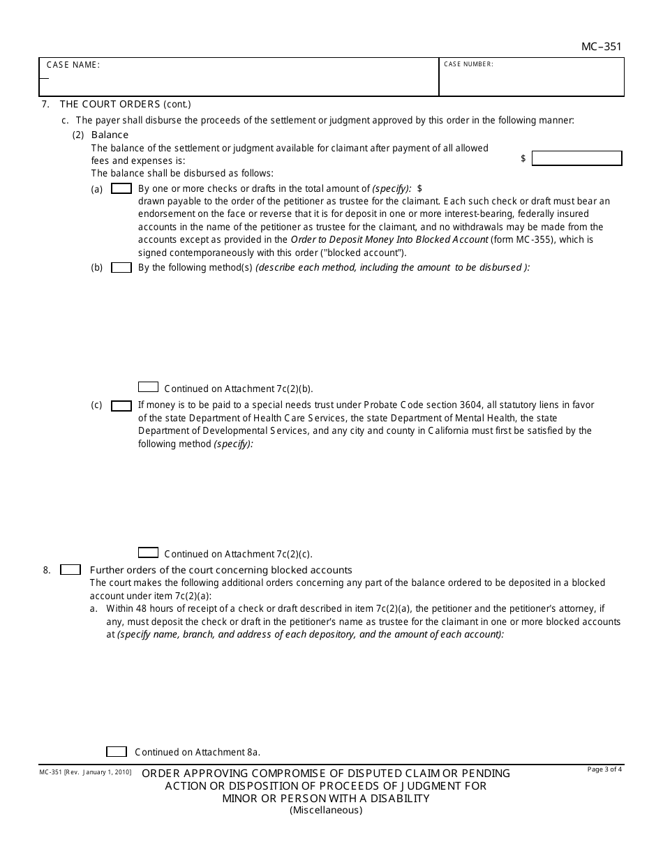 Form MC-351 Order Approving Compromise of Disputed Claim or Pending Action or Disposition of Proceeds of Judgment for Minor or Person With a Disability - California, Page 3