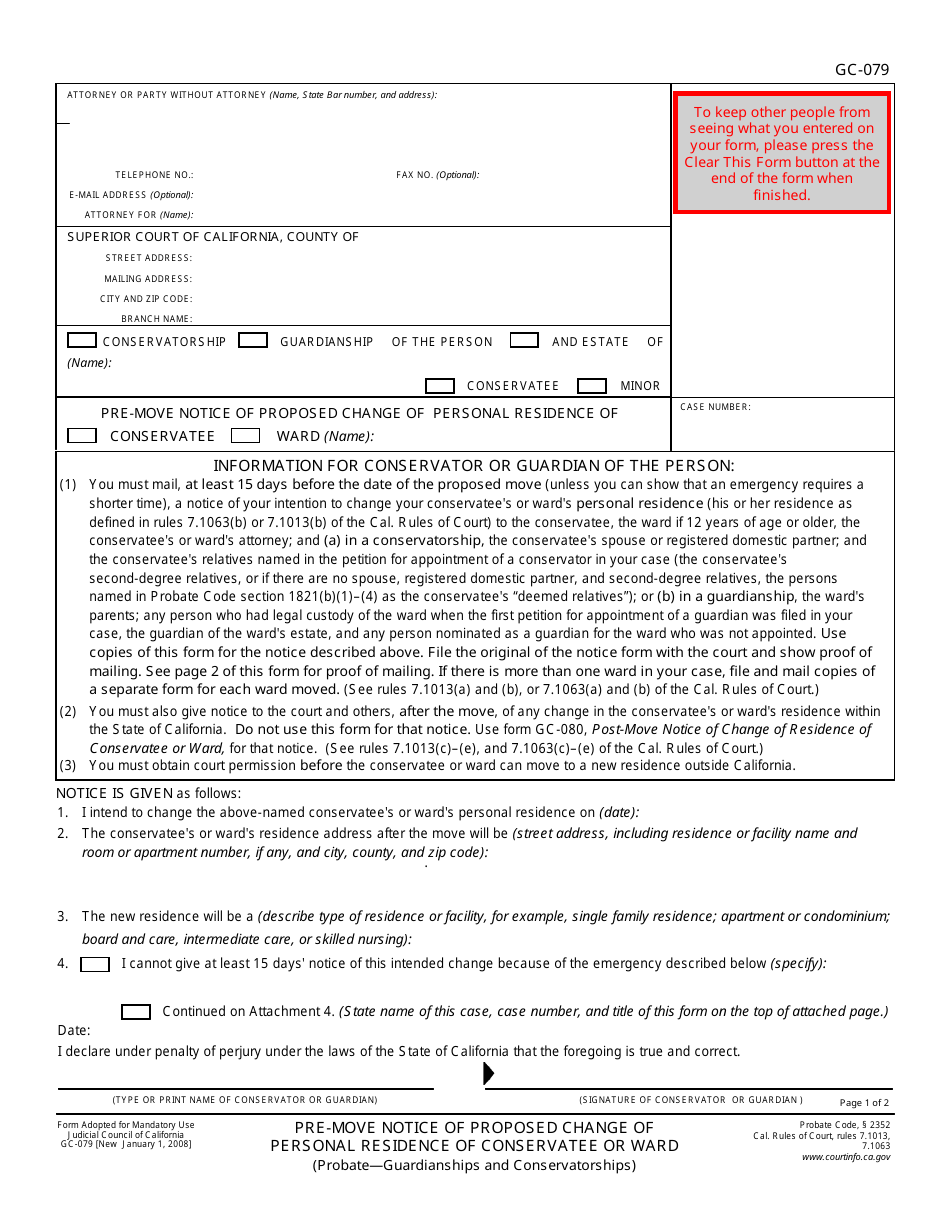 Form GC-079 Pre-move Notice of Proposed Change of Personal Residence of Conservatee or Ward - California, Page 1