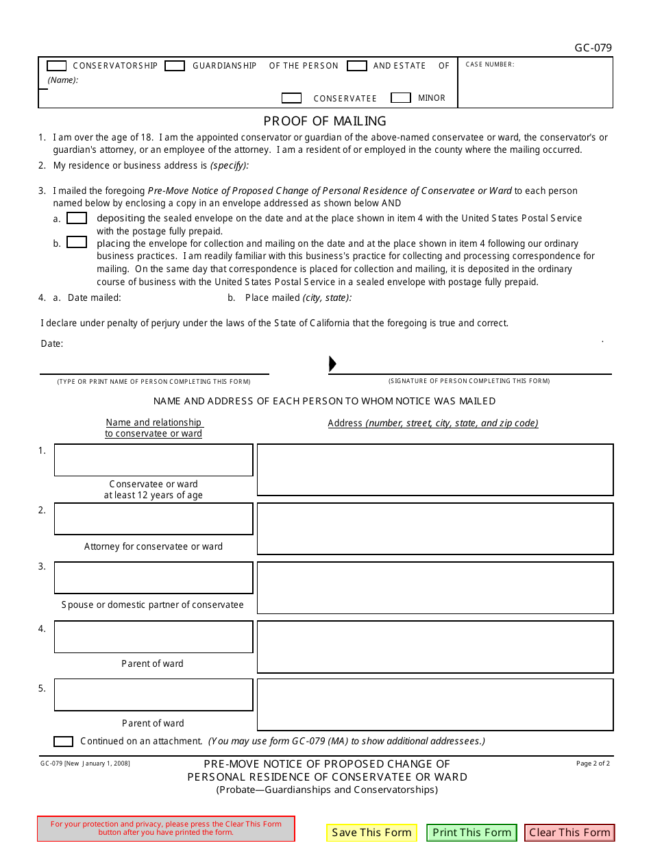 Form GC-079 Pre-move Notice of Proposed Change of Personal Residence of Conservatee or Ward - California, Page 2