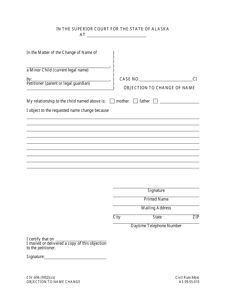 Form CIV-696 Objection to Change of Name - Alaska, Page 1