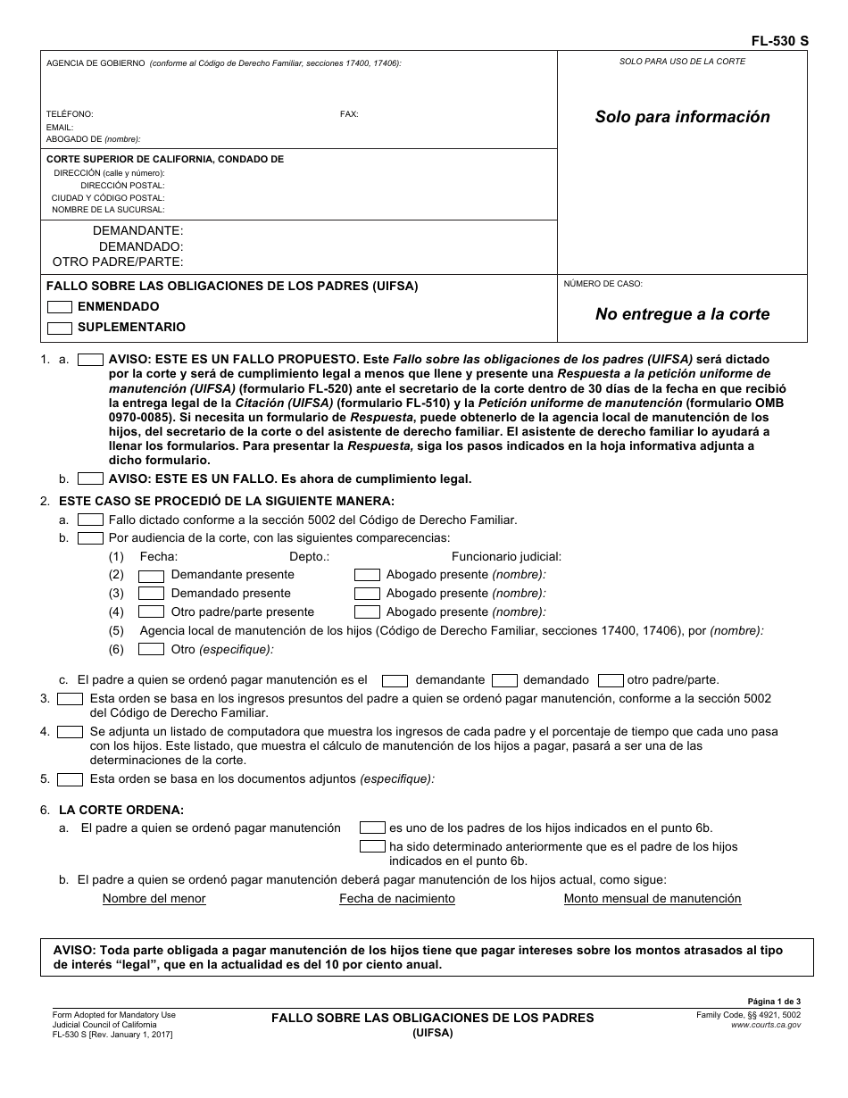 Formulario FL-530 S Fallo Sobre Las Obligaciones De Los Padres (Uifsa) - California (Spanish), Page 1