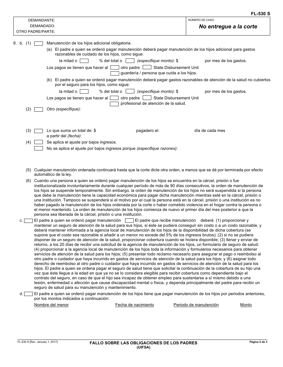 Formulario FL-530 S Fallo Sobre Las Obligaciones De Los Padres (Uifsa) - California (Spanish), Page 2