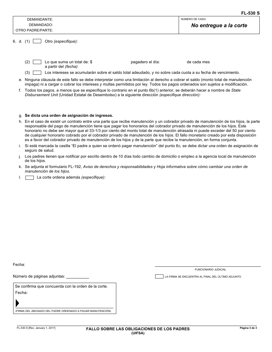 Formulario FL-530 S Fallo Sobre Las Obligaciones De Los Padres (Uifsa) - California (Spanish), Page 3