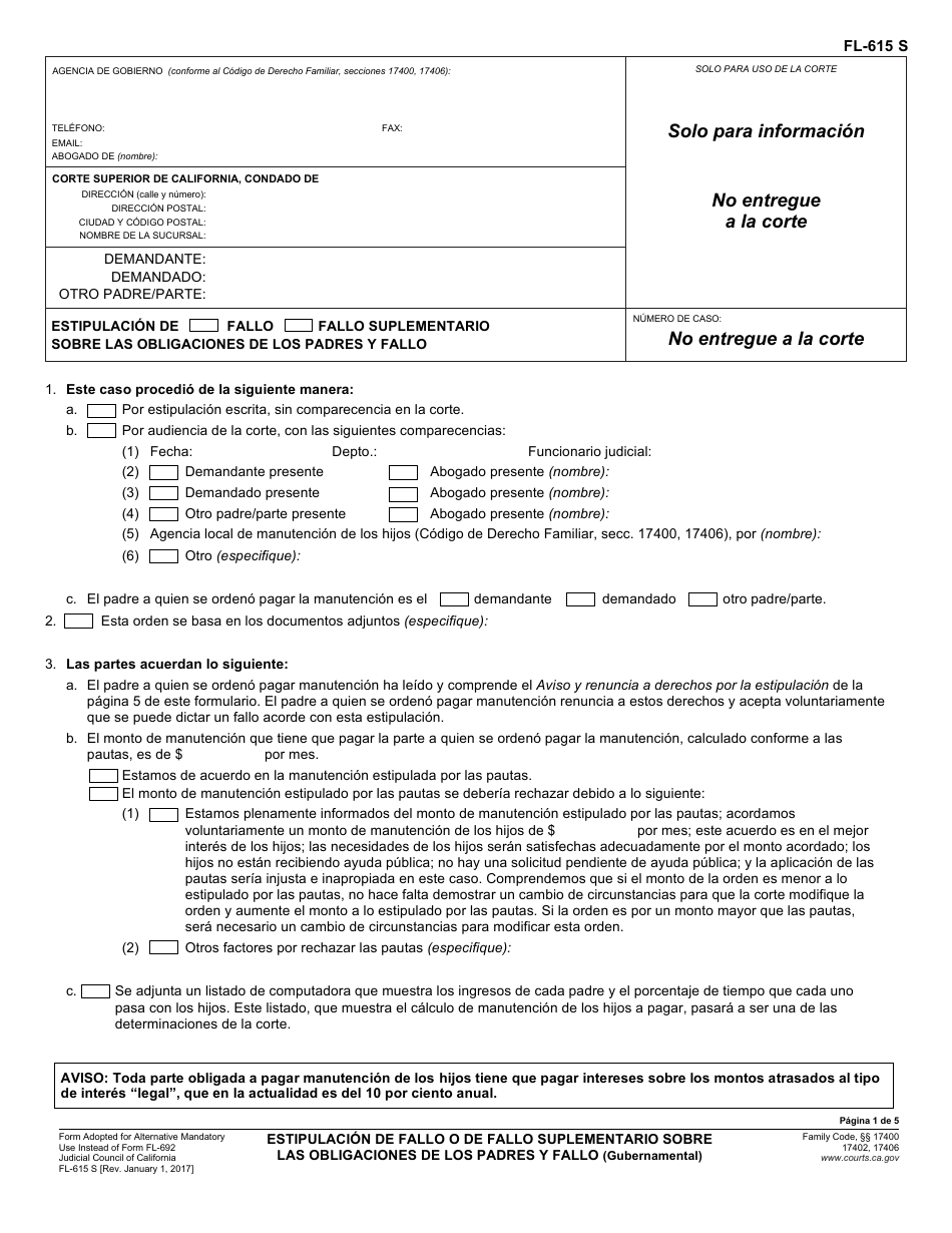 Formulario FL-615 S Estipulacion De Fallo / Fallo Suplementario Sobre Las Obligaciones De Los Padres Y Fallo - California (Spanish), Page 1