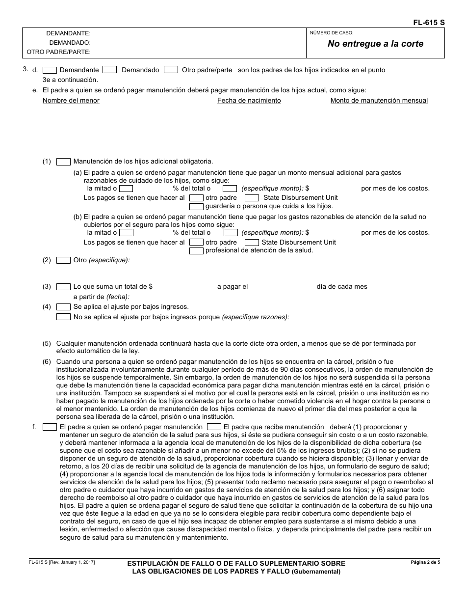 Formulario FL-615 S Estipulacion De Fallo / Fallo Suplementario Sobre Las Obligaciones De Los Padres Y Fallo - California (Spanish), Page 2