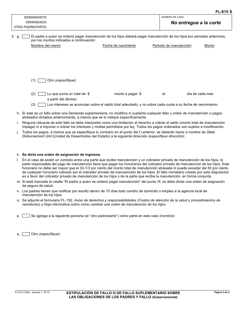 Formulario FL-615 S Estipulacion De Fallo / Fallo Suplementario Sobre Las Obligaciones De Los Padres Y Fallo - California (Spanish), Page 3