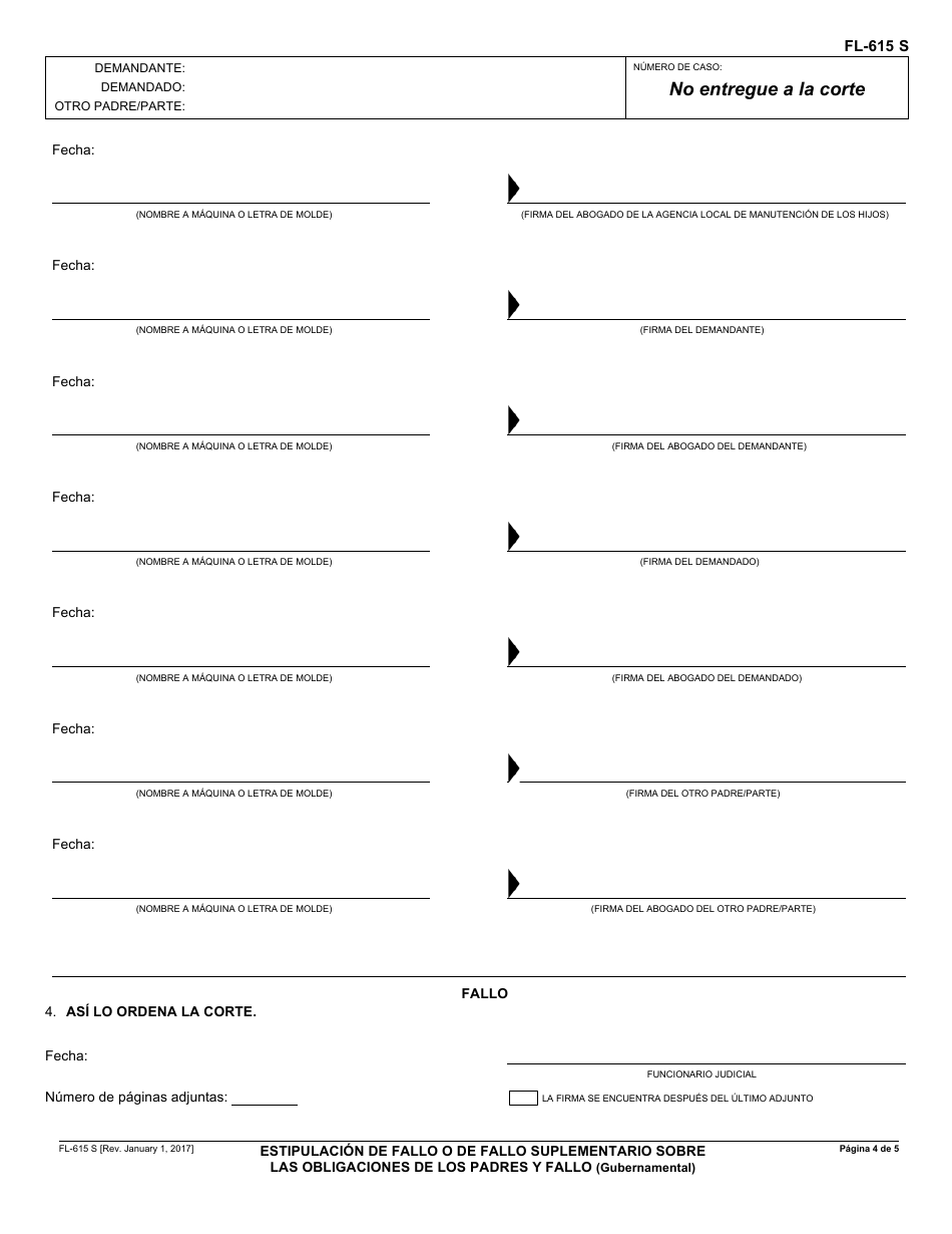Formulario FL-615 S Estipulacion De Fallo / Fallo Suplementario Sobre Las Obligaciones De Los Padres Y Fallo - California (Spanish), Page 4