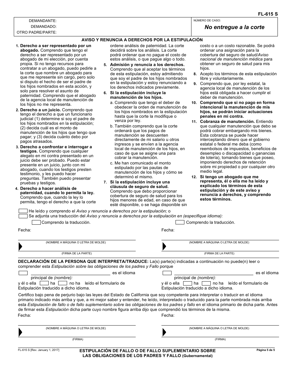 Formulario FL-615 S Estipulacion De Fallo / Fallo Suplementario Sobre Las Obligaciones De Los Padres Y Fallo - California (Spanish), Page 5