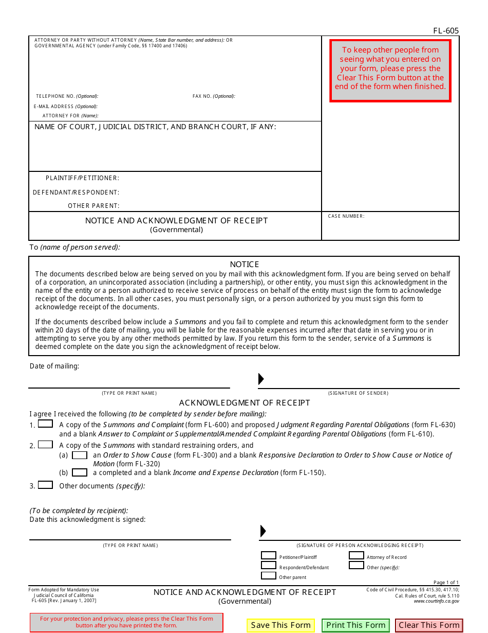 Form FL-605 Notice and Acknowledgment of Receipt (Governmental) - California, Page 1