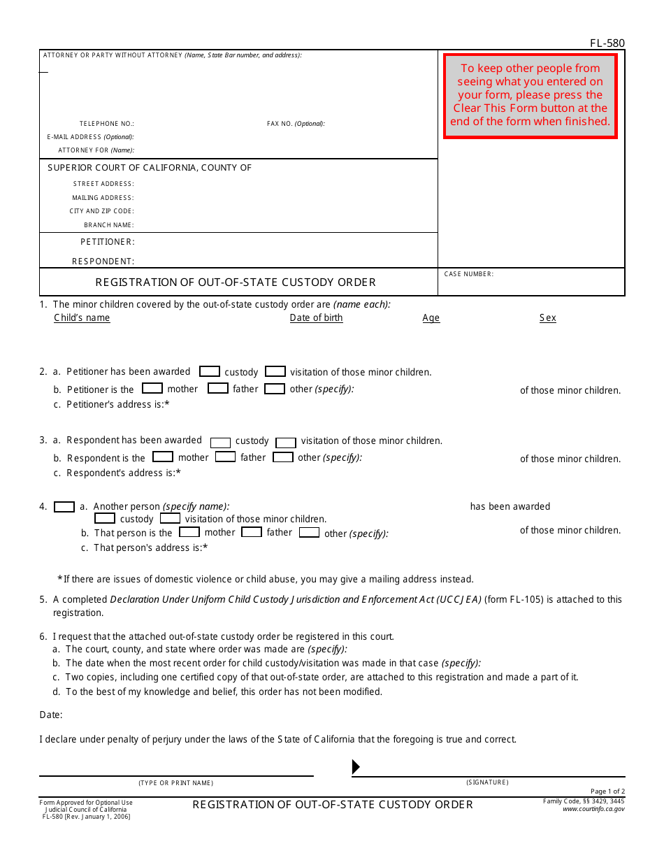 Form FL-580 Registration of Out-of-State Custody Order - California, Page 1