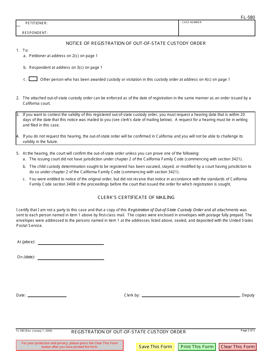 Form FL-580 Registration of Out-of-State Custody Order - California, Page 2