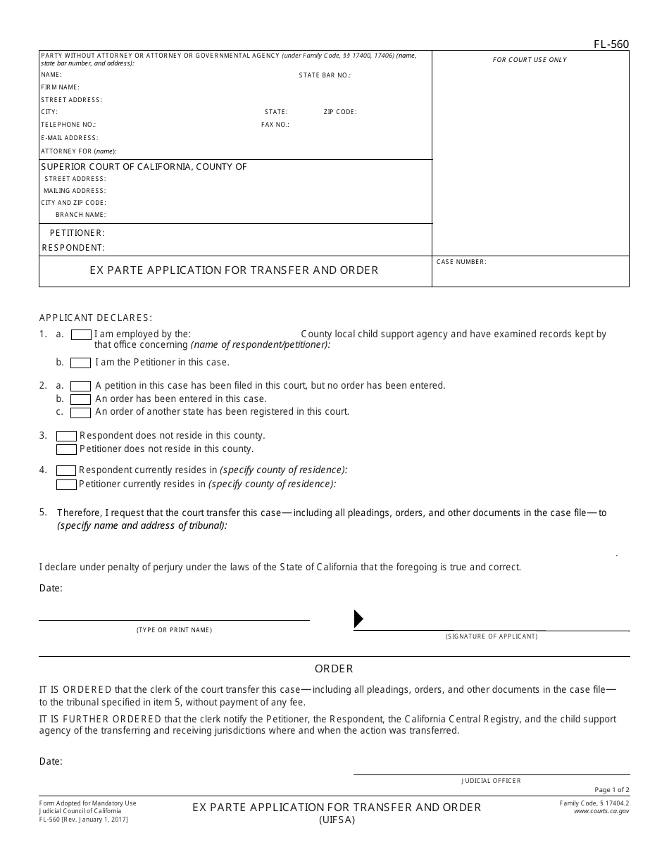 Form FL-560 Ex Parte Application for Transfer and Order - California, Page 1