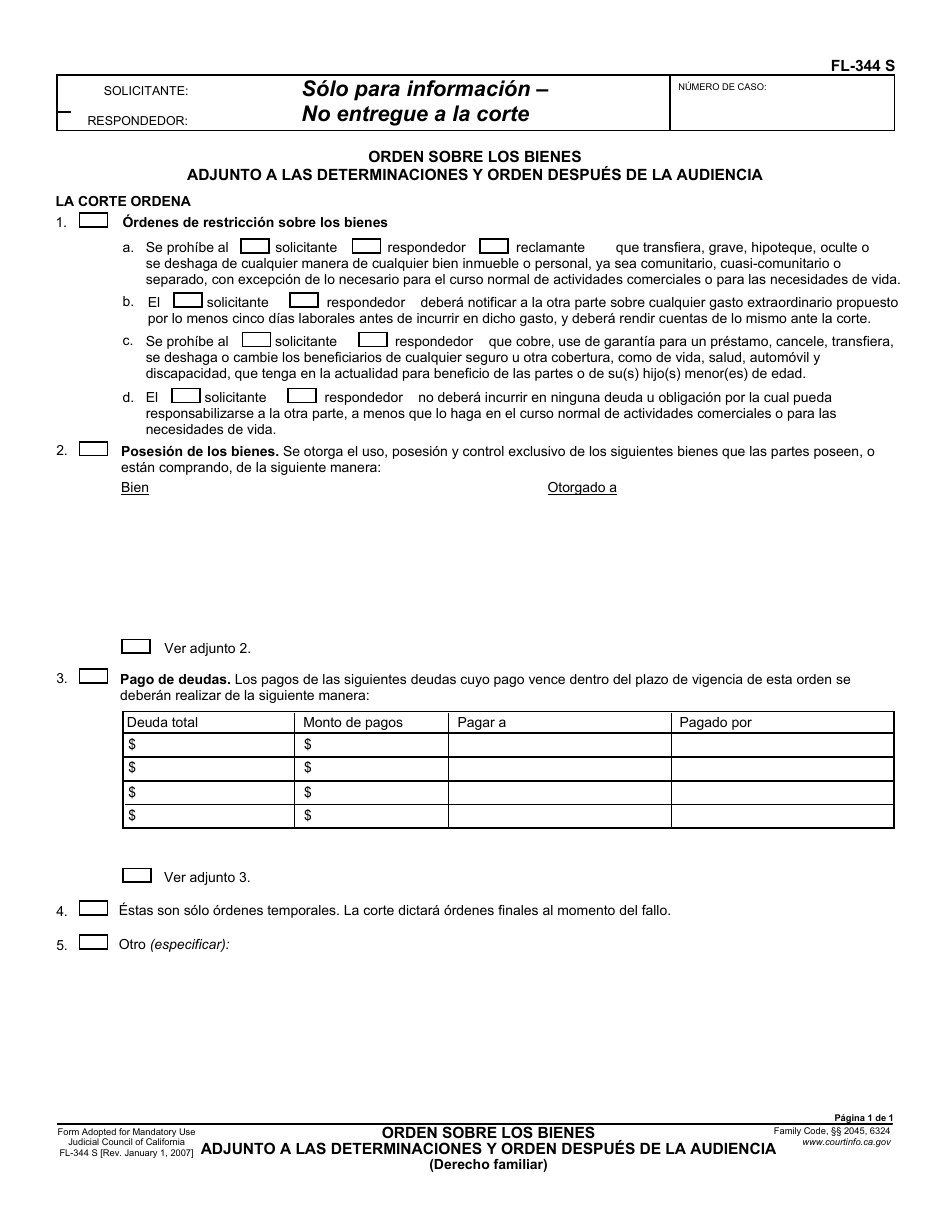 Formulario FL-344 S Orden Sobre Los Bienes Adjunto a Las Determinaciones Y Orden Despues De La Audiencia - California (Spanish), Page 1