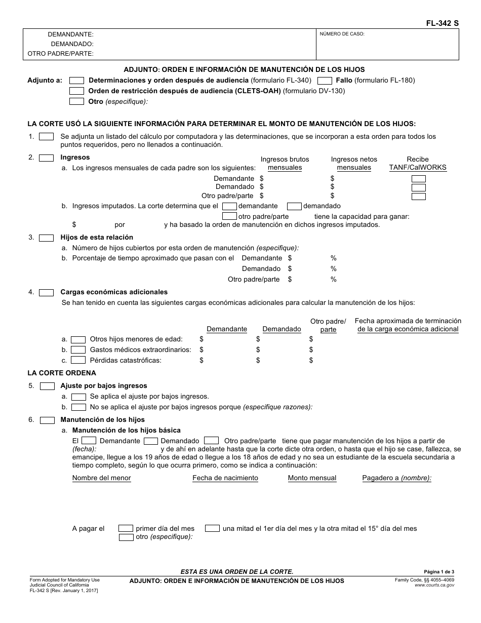 Formulario FL-342 S Adjunto: Orden E Informacion De Manutencion De Los Hijos - California (Spanish), Page 1
