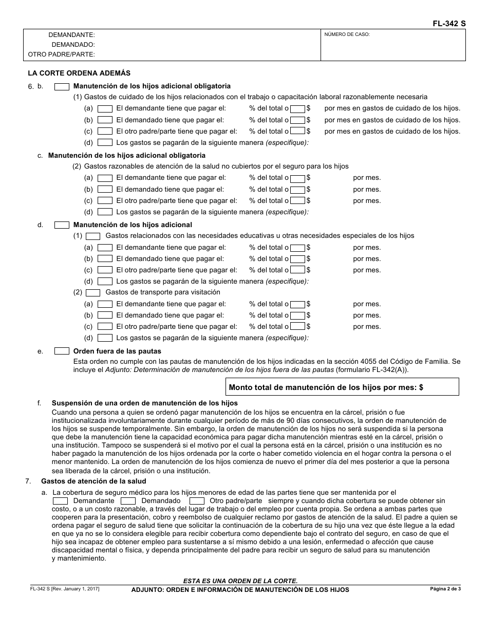 Formulario FL-342 S Adjunto: Orden E Informacion De Manutencion De Los Hijos - California (Spanish), Page 2