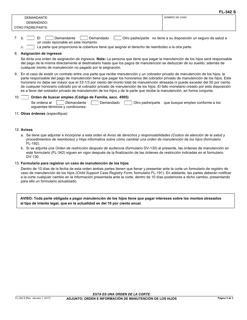 Formulario FL-342 S Adjunto: Orden E Informacion De Manutencion De Los Hijos - California (Spanish), Page 3