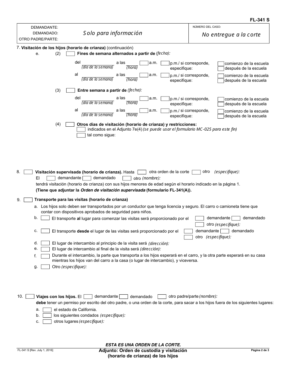 Formulario FL-341 S Adjunto - Orden De Custodia Y Visitacion (Horario De Crianza) De Los Hijos - California (Spanish), Page 2