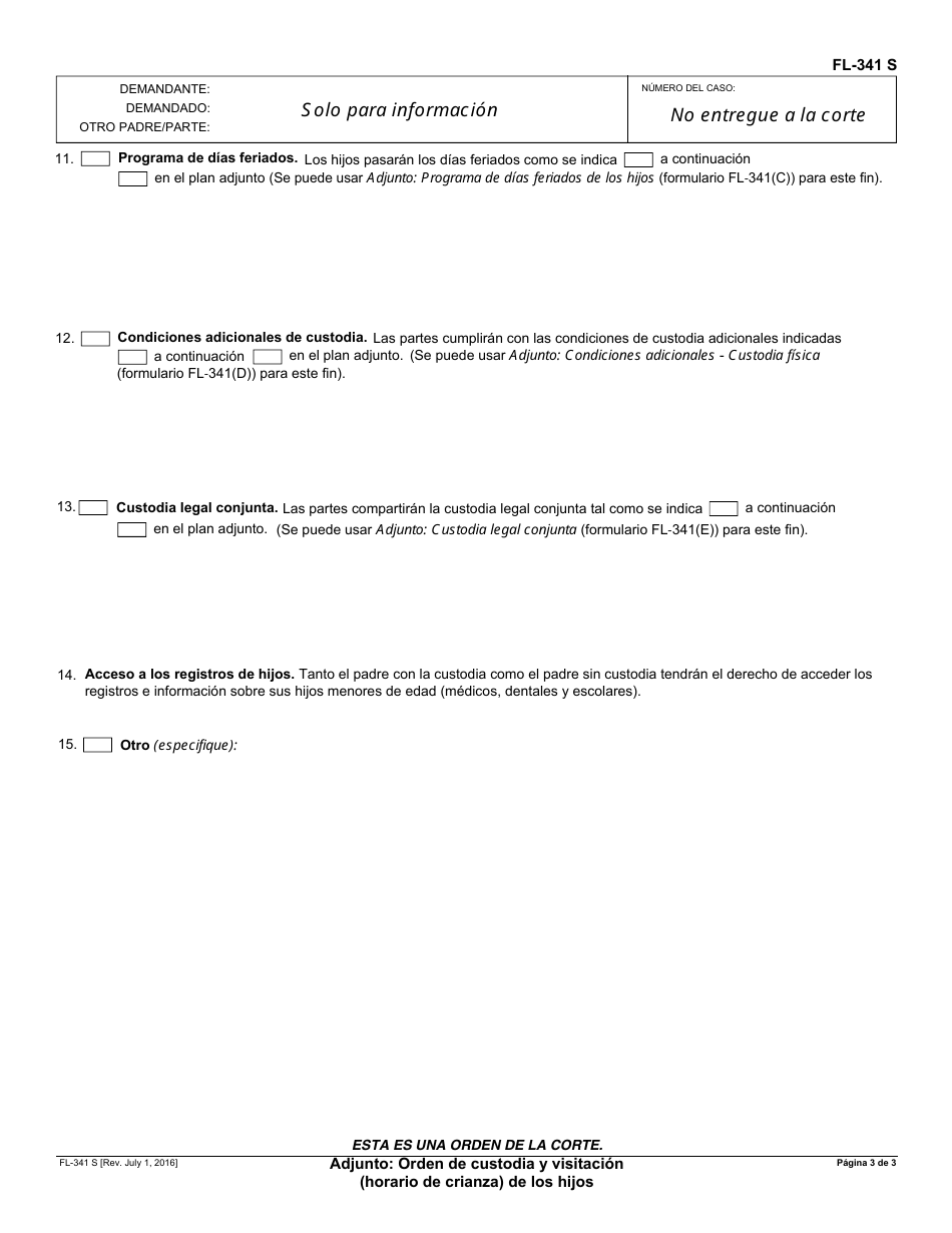 Formulario FL-341 S Adjunto - Orden De Custodia Y Visitacion (Horario De Crianza) De Los Hijos - California (Spanish), Page 3