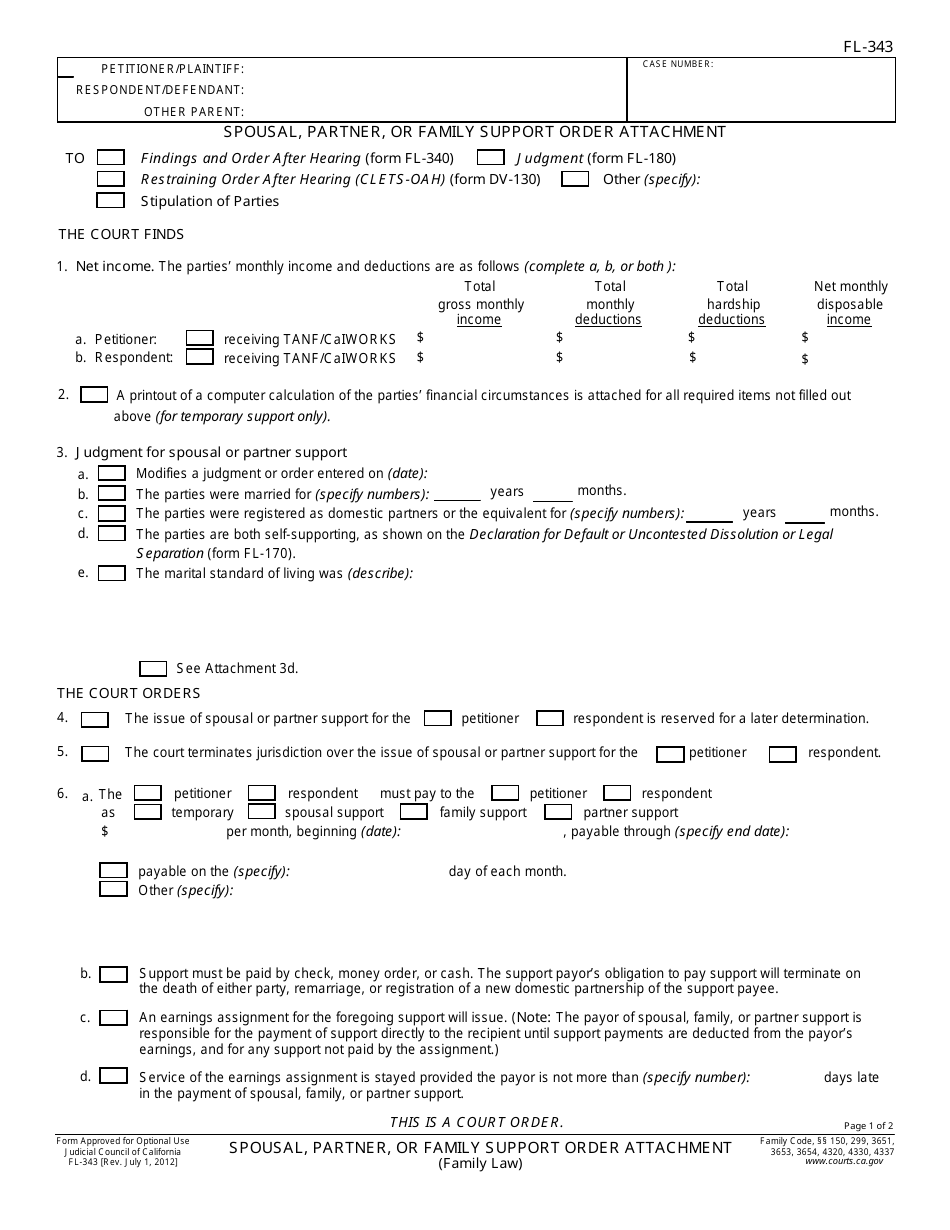 Form FL-343 Spousal, Partner, or Family Support Order Attachment - California, Page 1