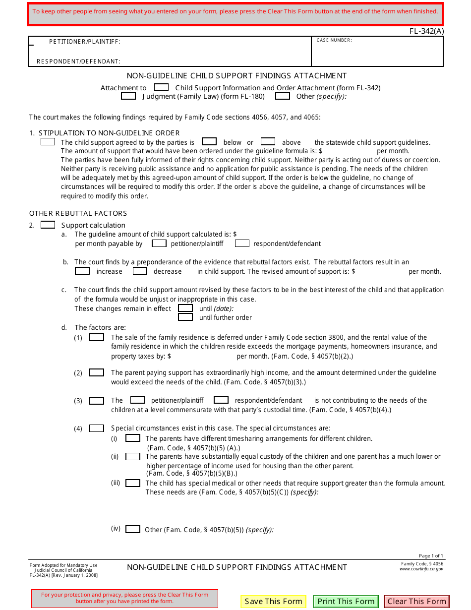 Form FL-342(A) Non-guideline Support Findings Attachment - California, Page 1