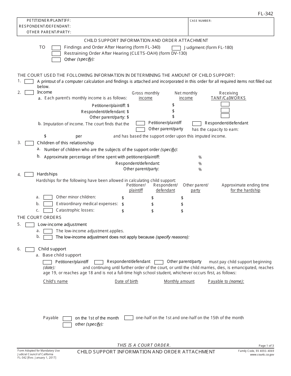 Form FL-342 Child Support Information and Order Attachment - California, Page 1