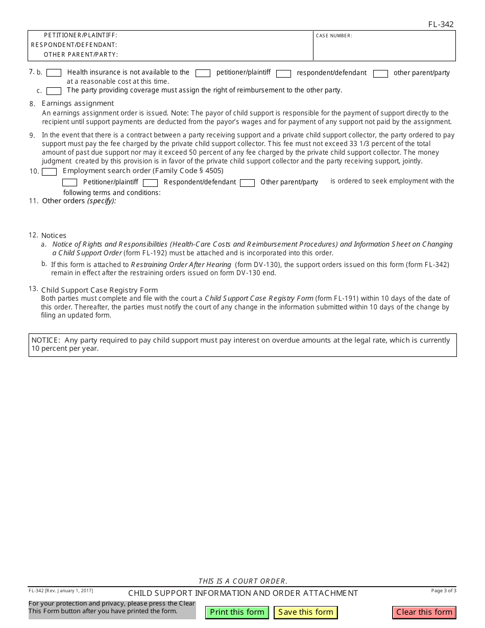 Form FL-342 Child Support Information and Order Attachment - California, Page 3
