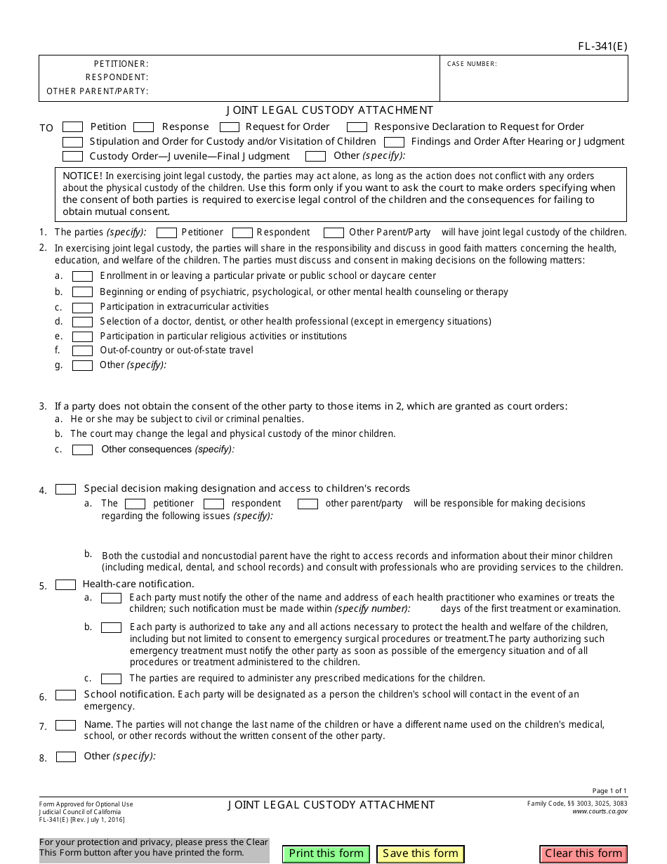 Form FL-341(E) Joint Legal Custody Attachment - California, Page 1