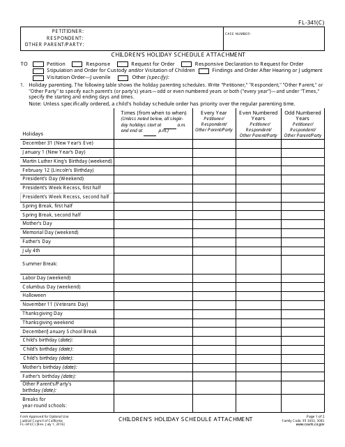 Form FL-341(C) Children's Holiday Schedule Attachment - California