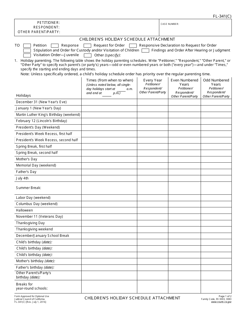 Form FL-341(C) Childrens Holiday Schedule Attachment - California, Page 1